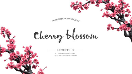 Thank you card with cherry blossom flowers. Greeting card template.