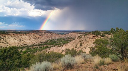 Fototapeta premium Colorful rainbow over desert canyon landscape.