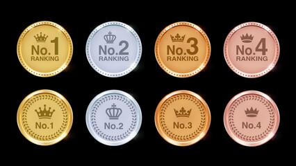 Gold, Silver, Bronze and Rose Gold Medal Set. Champion Trophy Awards with Numbers, Crown and Laurel. Sports Prizes for 1st, 2nd, 3rd and 4th Place on White Background. Vector.