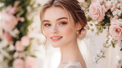 Obraz premium Radiant Bride's Wedding Day Makeup Look: Outdoor Floral Setting. AI Generated