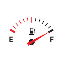 Fuel gauge indicates high fuel level isolated on white background. Car dashboard panel.