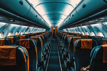 Fototapeta premium spacious photo of the serene ambiance of an empty interior of a passenger aircraft, showcasing the clean and uncluttered cabin layout against the backdrop of the aircraft's fuselag