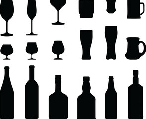 Black silhouettes of drink bottles and glasses