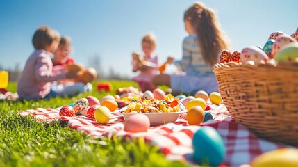 Children Enjoying Outdoor Easter Celebration with Colorful Eggs