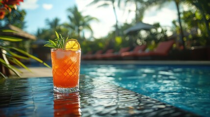 poolside scene with a refreshing drink on a table, surrounded by lounge chairs and tropical plants