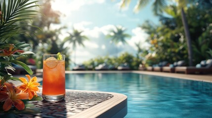 poolside scene with a refreshing drink on a table, surrounded by lounge chairs and tropical plants