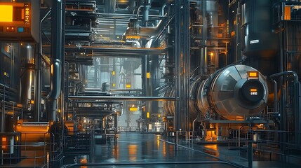 Fototapeta premium Metal pipes intensely glow in a futuristic industrial 3D render.. AI Generated