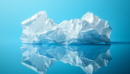 Obraz premium Crumpled white paper reflecting on blue surface.