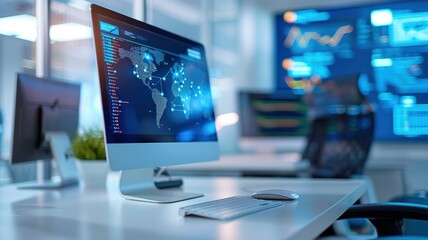 Naklejka premium A modern workspace featuring a sleek computer displaying data analytics, with graphs and world maps in a tech-savvy environment.