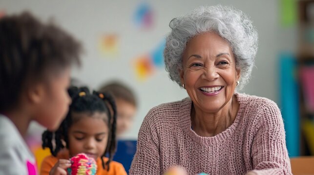 Joyful Senior Woman Engaging with Children in Colorful Classroom