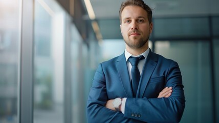 Fototapeta premium A confident businessman in a blue suit stands with arms crossed, showcasing professionalism against a modern office backdrop.