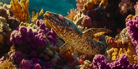 Colorful Coral Reef with a Lively Fish Swimming Among Bright Marine Life in Underwater Paradise