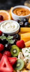 there is a plate of fruit and cheese with dips on it.