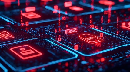 Obraz premium Digital Data Transfer, Neon Circuit Board