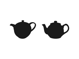Set of isolated icon silhouette Kettles, Teapots, Coffee pot. A teapot in the form of a badge, icon tea pot, herbal brew, boiling water. Teapot silhouette vector art white background.