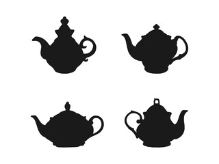 Set of isolated icon silhouette Kettles, Teapots, Coffee pot. A teapot in the form of a badge, icon tea pot, herbal brew, boiling water. Teapot silhouette vector art white background.