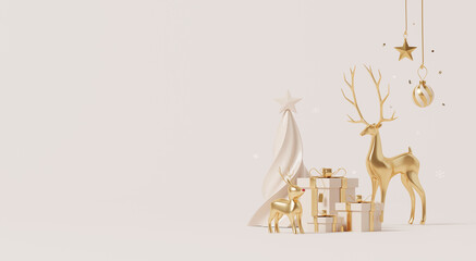 3D render, Happy new year and Christmas scene decorations with golden reindeer, tree, gifts, and ornaments on soft beige background.