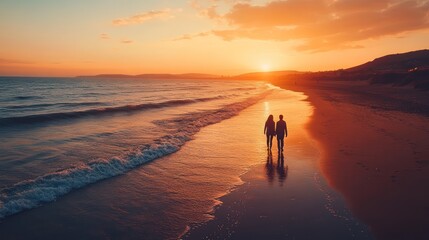 Naklejka premium A scenic sunset over a quiet, sandy beach, with waves crashing gently, a couple walking hand-in-hand along the shore