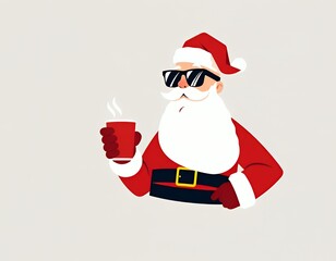 there is a cartoon santa claus holding a cup of coffee.