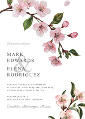 Wedding invitation with cherry blossom. Vector template for design