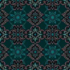 Fototapeta premium Teal Floral Mandala Pattern: An intricate and captivating seamless pattern featuring teal floral mandalas against a deep green background, creating a mesmerizing and stylish design. 
