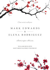 Wedding invitation with cherry blossom. Vector template for design