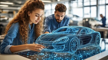 Two individuals examining a holographic car model in a modern workshop setting.