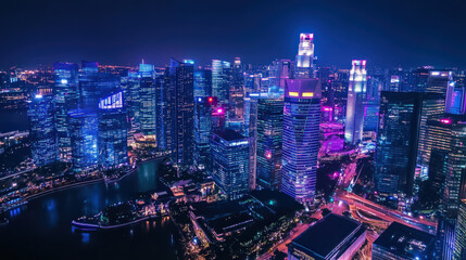 Obraz premium Vibrant nocturnal cityscape futuristic architecture glowing under neon lights. sense of dynamic energy and technological advancement permeates scene