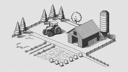 Isometric Drawing of a Farm Tractor Barn and Fields