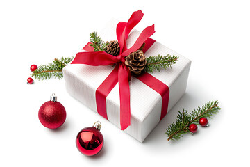 Christmas Gift Wrapped in White with Red Ribbon, Pine Cone, and Ornaments