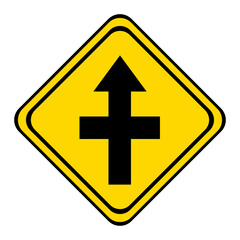 warning road sign on a yellow and black board in the shape of a rhombus. the road straight with adjoining cul-de-sac.