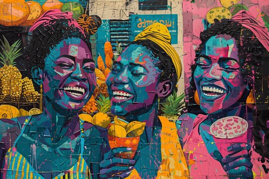 Colorful mural depicting three women joyfully enjoying tropical fruits.
