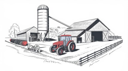 Farm Tractor Barn Silos Rural Landscape Imagery
