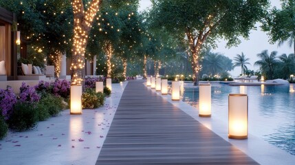 Fototapeta premium Serene pathway lined with lanterns beside a tranquil pool.