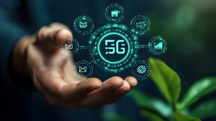 Hand holding futuristic 5G network hologram.