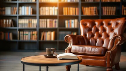 A cozy reading nook featuring a leather chair, coffee, and an open book, surrounded by a warm library atmosphere.