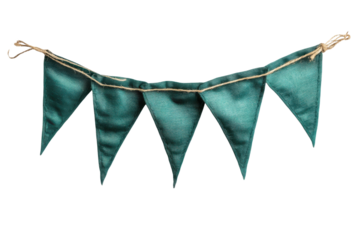 Rustic green fabric bunting flags isolated on transparent background