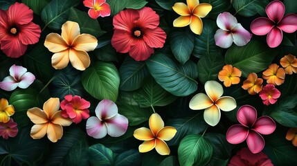 A vibrant background of tropical flowers in bloom, including hibiscus, plumeria, and orchids, set against a backdrop of deep green foliage, creating an exotic and vivid floral atmosphere