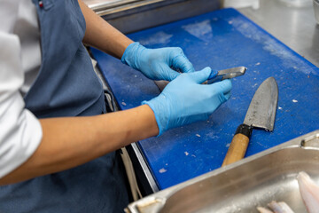 Dans les cuisines d'un restaurant &eacute;toil&eacute;, pr&eacute;paration d'un plat &agrave; base de l&eacute;gumes et fruit de mer.