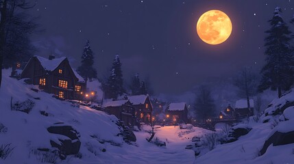 Fototapeta premium Winter night scene with a snow-covered village and a glowing full moon 