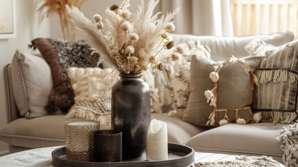 Luxurious Living Room with Glamorous Vase, Decorative Accessories, and Plush Accents