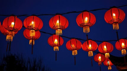 A large number of chinese lanterns on dark blue sky