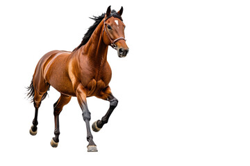 Beautiful brown horse running forward isolated on transparent background