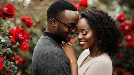 Fototapeta premium Tender embrace, joyful couple amidst red roses. moment of warmth and affection