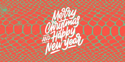 Banner with snake print and text "Merry christmas and happy new year". The lettering is hand drawn. The background is abstract art with red and green patterns, evoking the Christmas atmosphere.