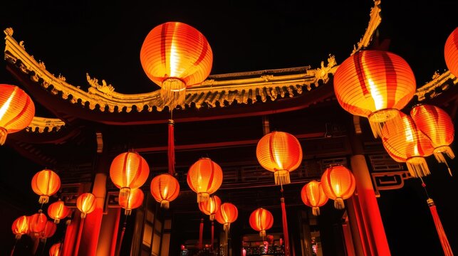 A large number of lanterns abobe palace on black sky 
