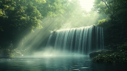 Fototapeta premium Serene waterfall, sunlit mist, lush green forest.