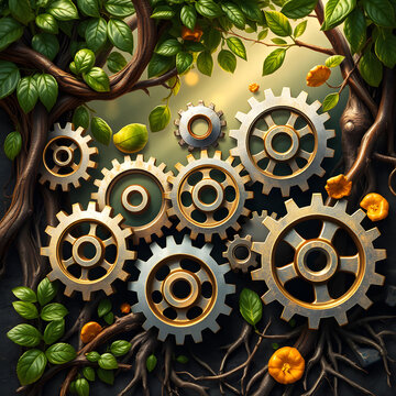 Intricate gears interlock, entwined with nature. Light illuminates harmony. Metallic hues, vibrant greens, warm golds. Symbolize teamwork, growth, synergy