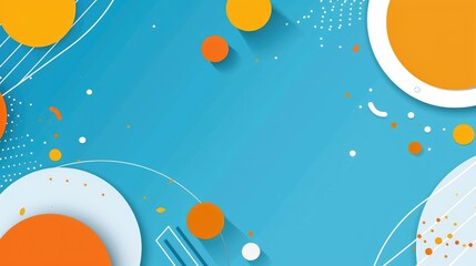 Abstract design featuring colorful circles and shapes on a blue background.