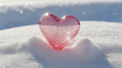 sparkling fragile glass pink heart in snow